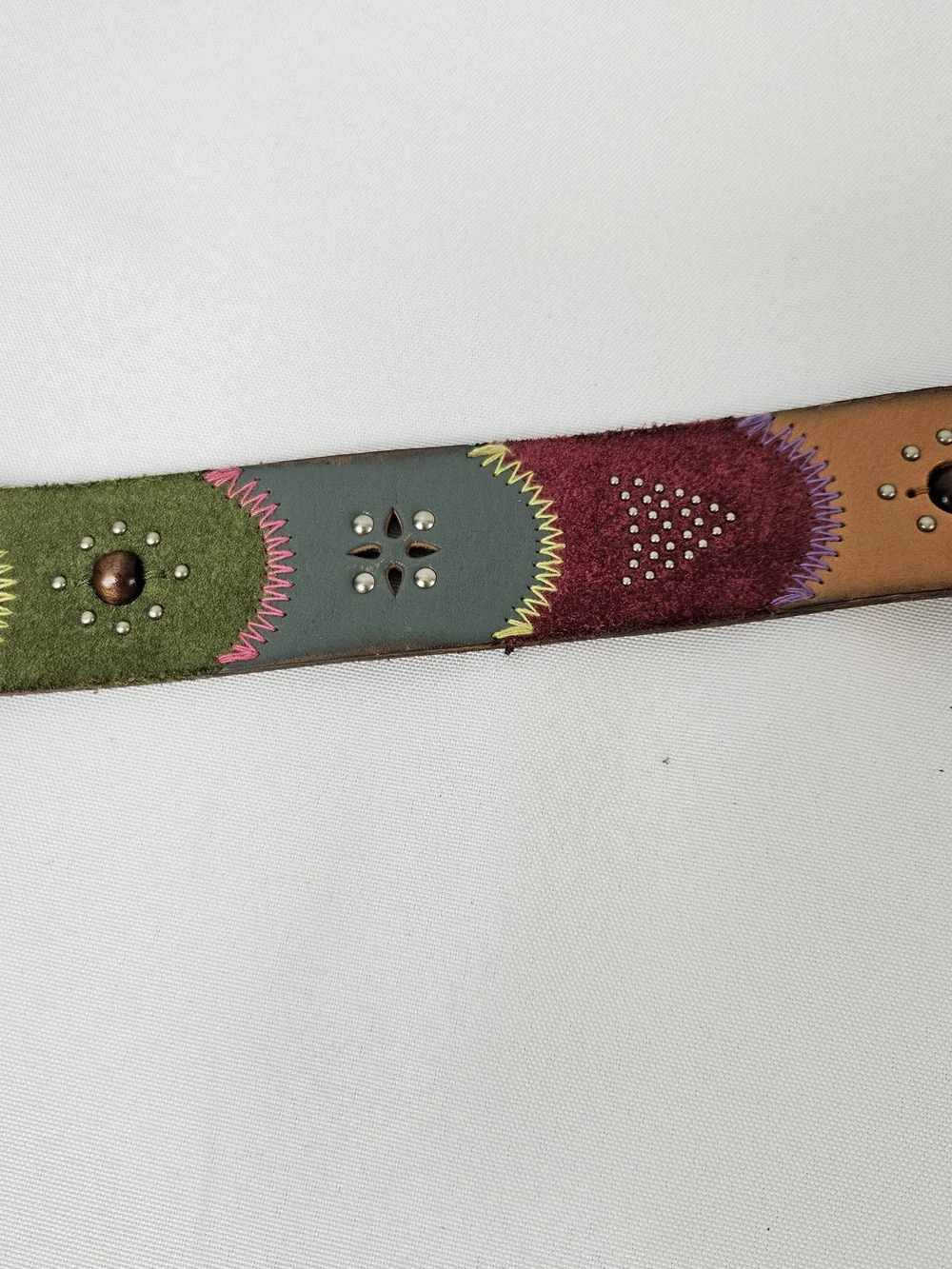 Fossil Leather Multicolor Studded Women's Belt - Green & Pink Accent